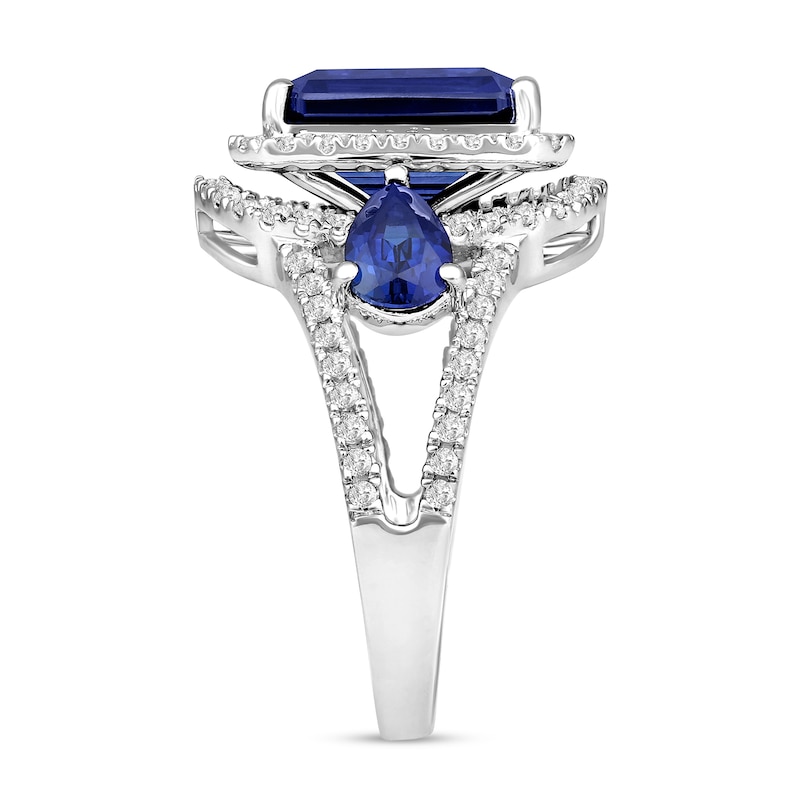 Main Image 4 of Emerald-Cut Blue Lab-Created Sapphire and White Lab-Created Sapphire Frame Ring in Sterling Silver