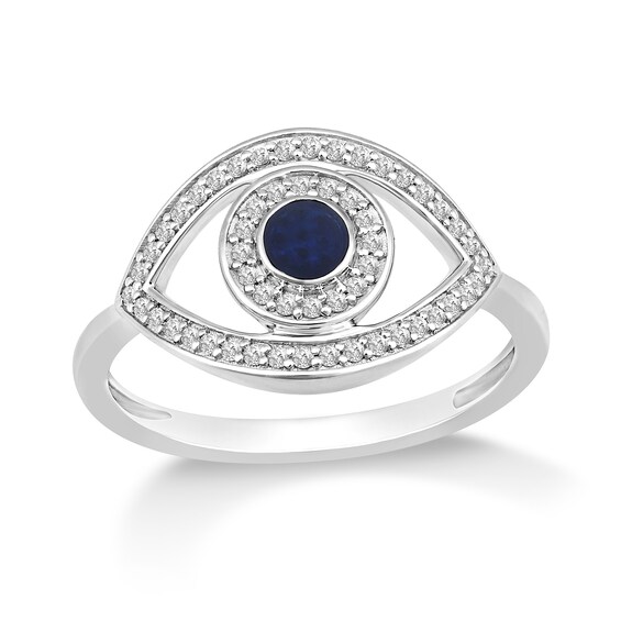 Blue Sapphire and 1/5 CT. T.w. Diamond Evil Eye Ring in 10K White Gold