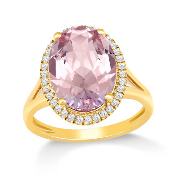 Faceted Oval Lab-Created Morganite and 1/5 CT. T.w. Diamond Frame Ring in 10K Gold