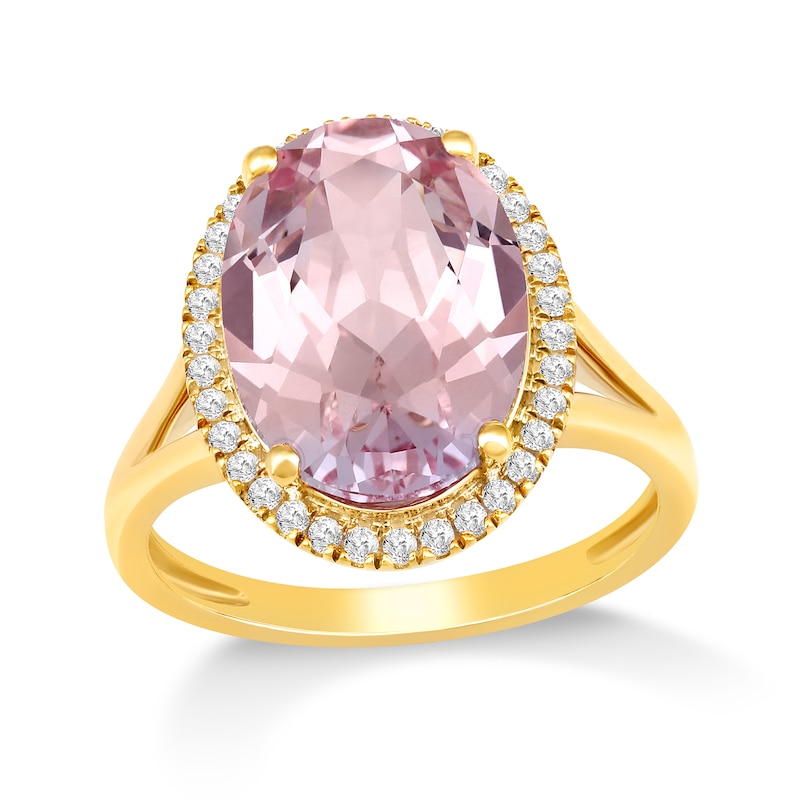 Main Image 1 of Faceted Oval Lab-Created Morganite and 1/5 CT. T.W. Diamond Frame Ring in 10K Gold