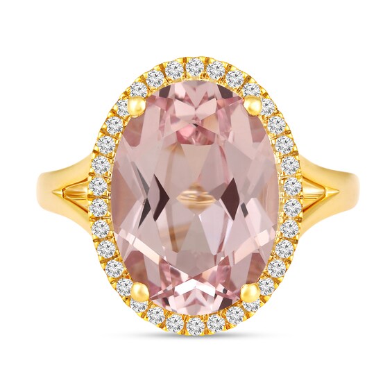 Faceted Oval Lab-Created Morganite and 1/5 CT. T.w. Diamond Frame Ring in 10K Gold