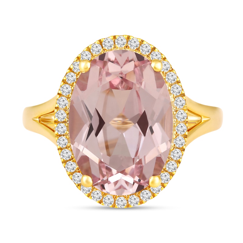 Main Image 2 of Faceted Oval Lab-Created Morganite and 1/5 CT. T.W. Diamond Frame Ring in 10K Gold