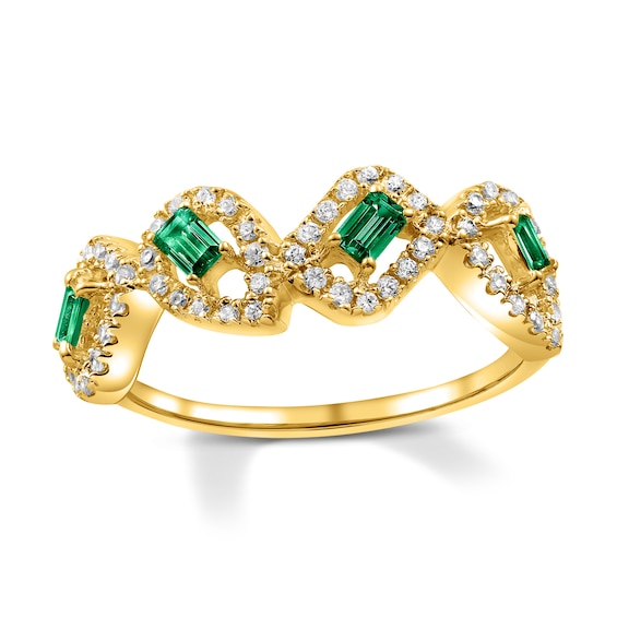 Baguette-Cut Emerald and 1/3 CT. T.w. Diamond Rectangle and Teardrop Frames Ring in 10K Gold