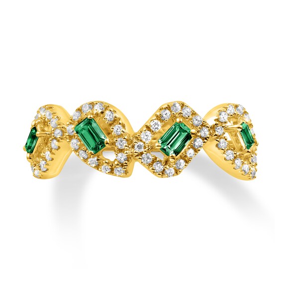 Baguette-Cut Emerald and 1/3 CT. T.w. Diamond Rectangle and Teardrop Frames Ring in 10K Gold
