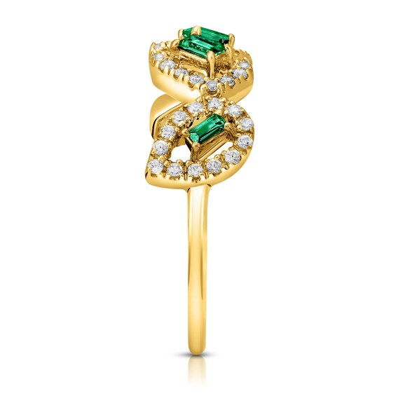 Baguette-Cut Emerald and 1/3 CT. T.w. Diamond Rectangle and Teardrop Frames Ring in 10K Gold