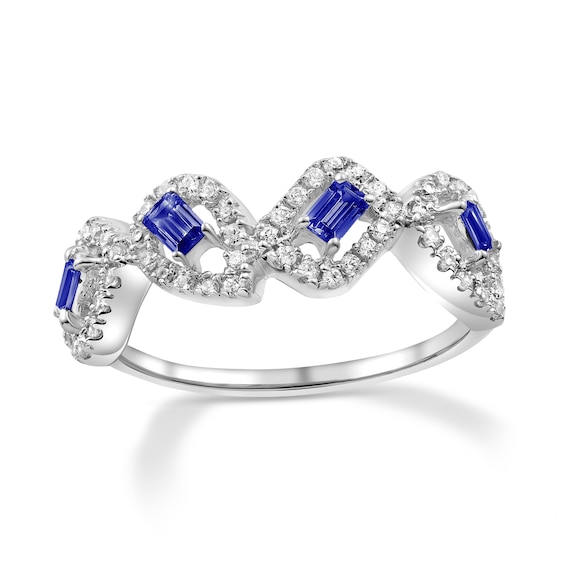 Baguette-Cut Blue Sapphire and 1/3 CT. T.w. Diamond Rectangle and Teardrop Frames Ring in 10K White Gold