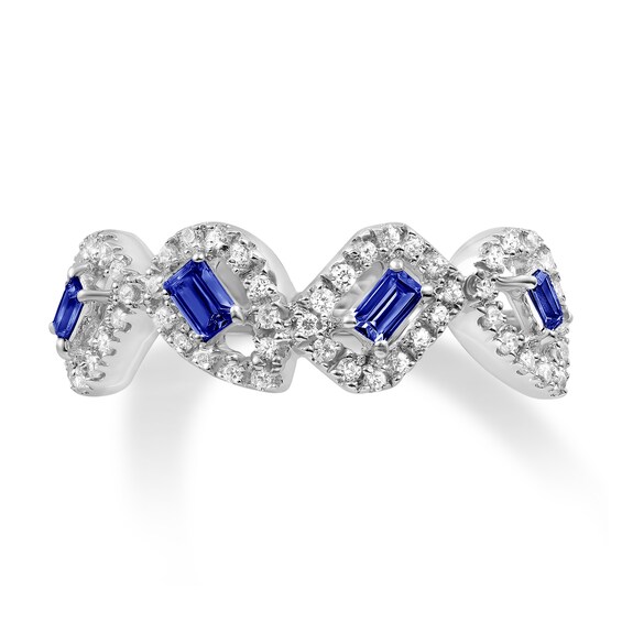 Baguette-Cut Blue Sapphire and 1/3 CT. T.w. Diamond Rectangle and Teardrop Frames Ring in 10K White Gold