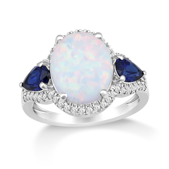 Lab-Created Opal, Blue Lab-Created Sapphire and White Lab-Created Sapphire Three Stone Ring in Sterling Silver