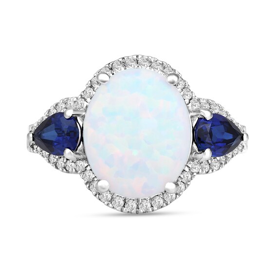 Lab-Created Opal, Blue Lab-Created Sapphire and White Lab-Created Sapphire Three Stone Ring in Sterling Silver