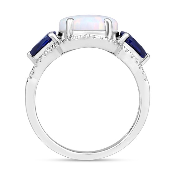 Lab-Created Opal, Blue Lab-Created Sapphire and White Lab-Created Sapphire Three Stone Ring in Sterling Silver