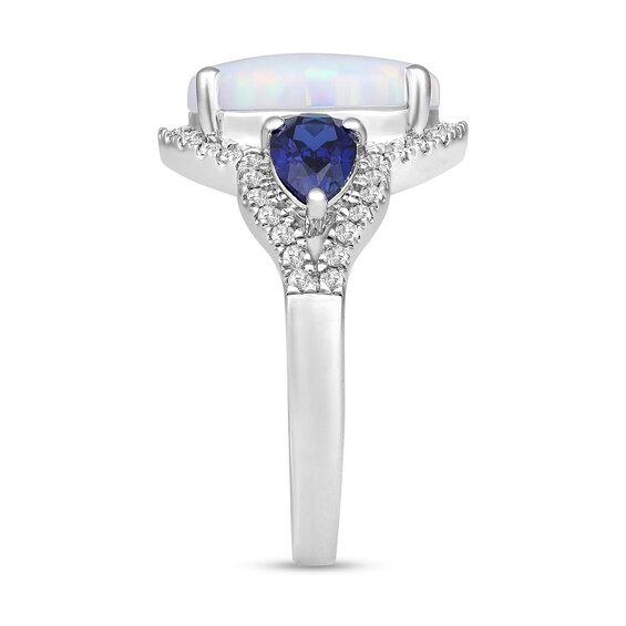 Lab-Created Opal, Blue Lab-Created Sapphire and White Lab-Created Sapphire Three Stone Ring in Sterling Silver