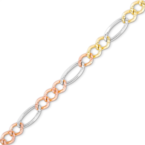 4.6mm Diamond-Cut Figaro Chain Bracelet in Solid 14K Tri-Tone Gold - 8.5"