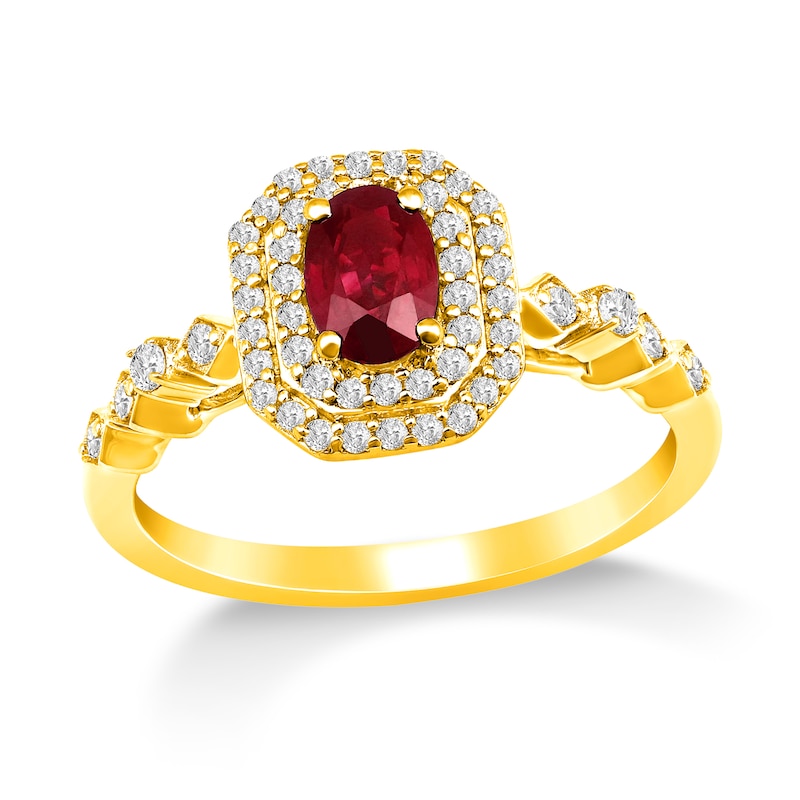 Oval Ruby and 1/3 CT. T.W. Diamond Octagon Frame Art Deco Ring in 10K Gold