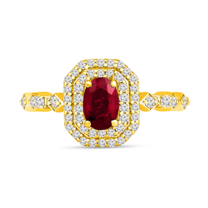 Oval Ruby and 1/3 CT. T.W. Diamond Octagon Frame Art Deco Ring in 10K Gold