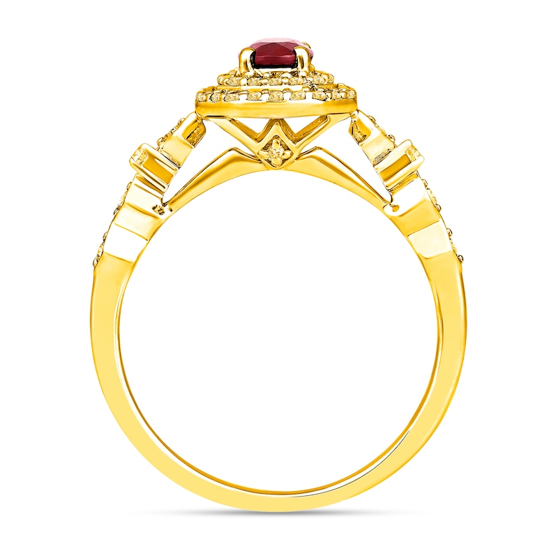 Oval Ruby and 1/3 CT. T.W. Diamond Octagon Frame Art Deco Ring in 10K Gold