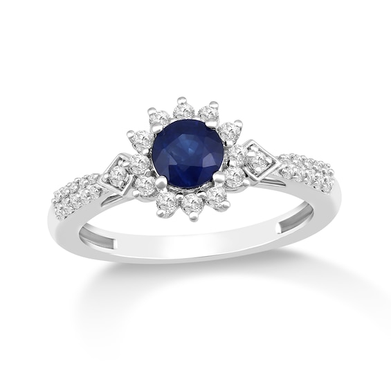Blue Sapphire and 1/3 CT. T.w. Diamond Sunburst Frame Double Row Ring in 10K White Gold