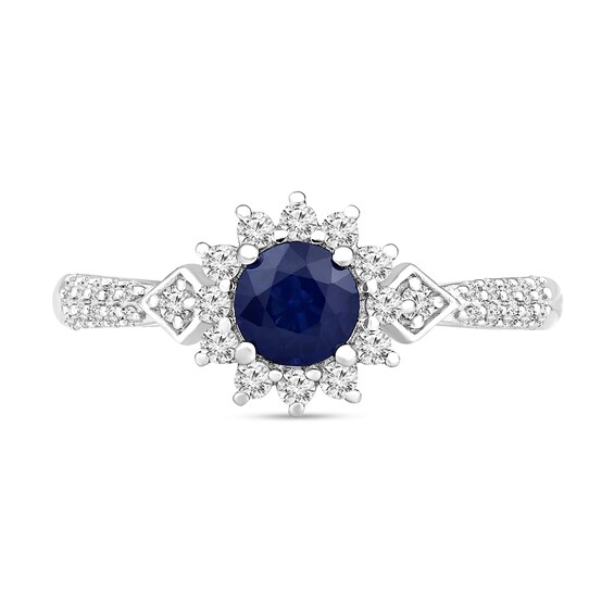 Blue Sapphire and 1/3 CT. T.w. Diamond Sunburst Frame Double Row Ring in 10K White Gold