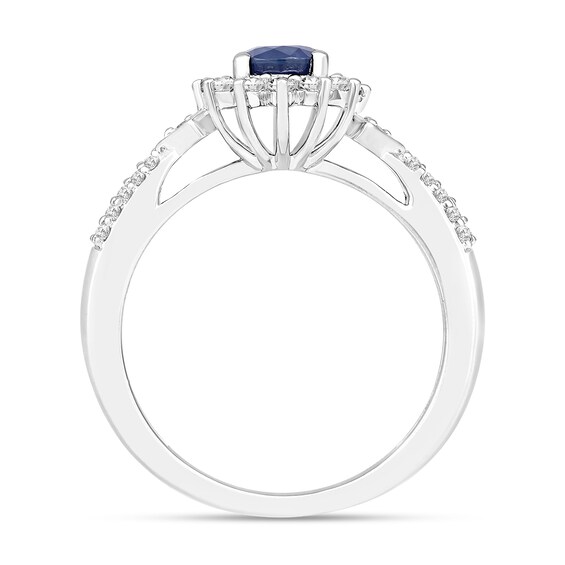 Blue Sapphire and 1/3 CT. T.w. Diamond Sunburst Frame Double Row Ring in 10K White Gold