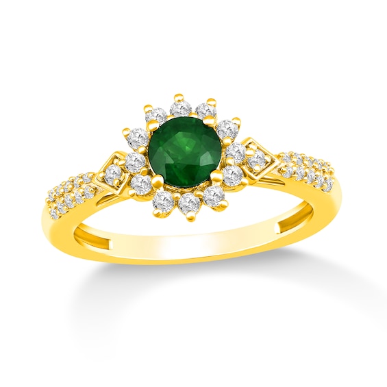 Emerald and 1/3 CT. T.w. Diamond Sunburst Frame Double Row Ring in 10K Gold