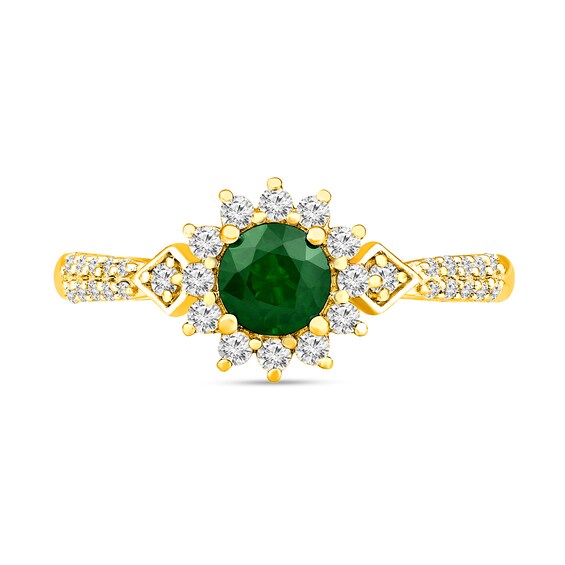 Emerald and 1/3 CT. T.w. Diamond Sunburst Frame Double Row Ring in 10K Gold