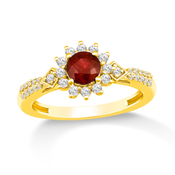 Ruby and 1/3 CT. T.w. Diamond Sunburst Frame Double Row Ring in 10K Gold
