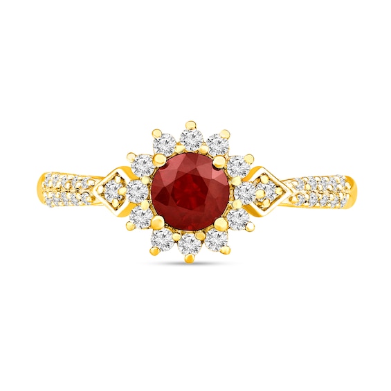 Ruby and 1/3 CT. T.w. Diamond Sunburst Frame Double Row Ring in 10K Gold