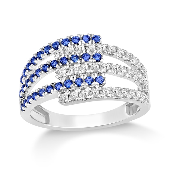 Blue Sapphire and 1/2 CT. T.w. Diamond Multi-Row Open Shank Ring in 10K White Gold