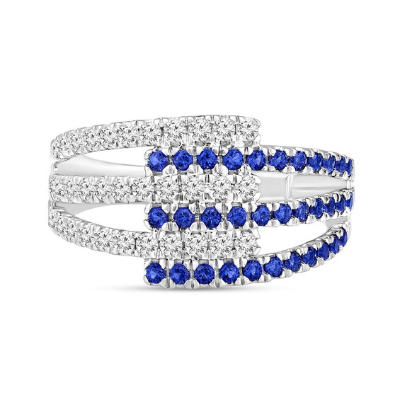 Blue Sapphire and 1/2 CT. T.w. Diamond Multi-Row Open Shank Ring in 10K White Gold