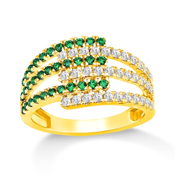 Emerald and 1/2 CT. T.w. Diamond Multi-Row Open Shank Ring in 10K Gold