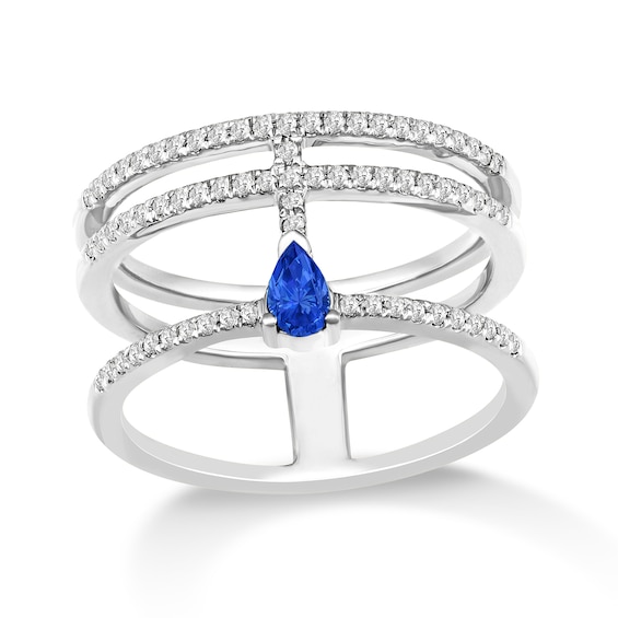 Pear-Shaped Blue Sapphire and 1/4 CT. T.w. Diamond Multi-Row Open Shank Ring in 10K White Gold