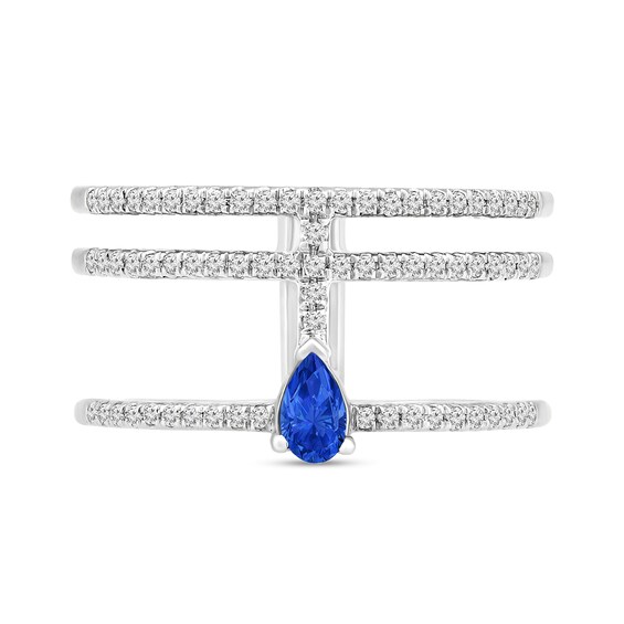 Pear-Shaped Blue Sapphire and 1/4 CT. T.w. Diamond Multi-Row Open Shank Ring in 10K White Gold