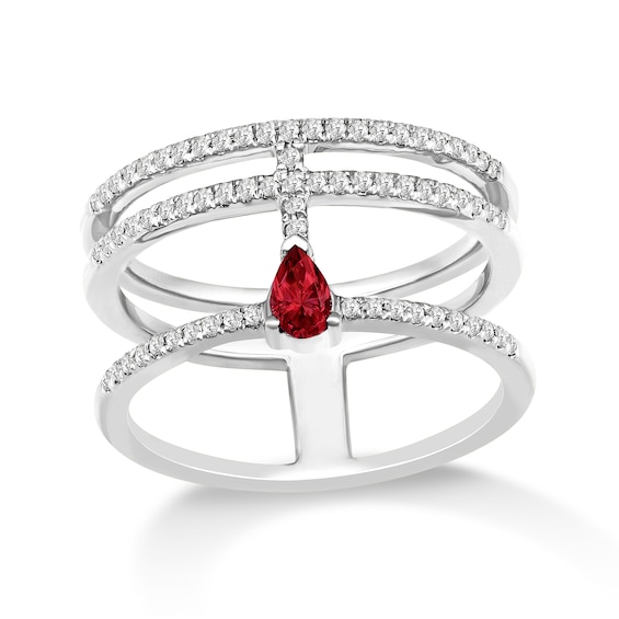 Pear-Shaped Ruby and 1/4 CT. T.w. Diamond Orbit Multi-Row Open Shank Ring in 10K White Gold