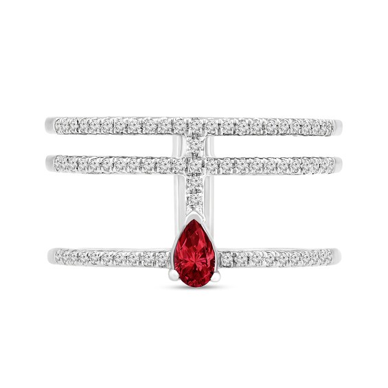 Pear-Shaped Ruby and 1/4 CT. T.w. Diamond Orbit Multi-Row Open Shank Ring in 10K White Gold