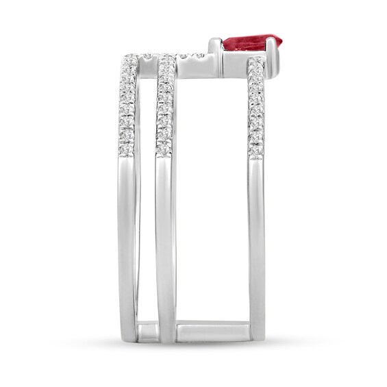 Pear-Shaped Ruby and 1/4 CT. T.w. Diamond Orbit Multi-Row Open Shank Ring in 10K White Gold