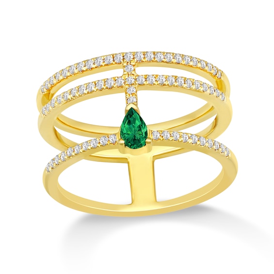 Pear-Shaped Emerald and 1/4 CT. T.w. Diamond Multi-Row Open Shank Ring in 10K Gold