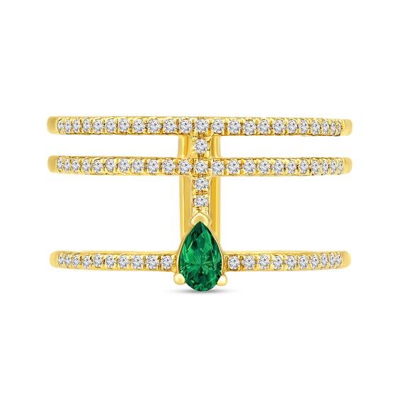 Pear-Shaped Emerald and 1/4 CT. T.w. Diamond Multi-Row Open Shank Ring in 10K Gold