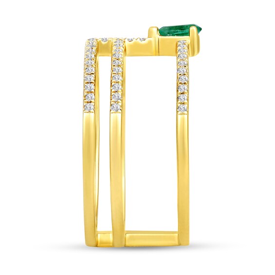 Pear-Shaped Emerald and 1/4 CT. T.w. Diamond Multi-Row Open Shank Ring in 10K Gold