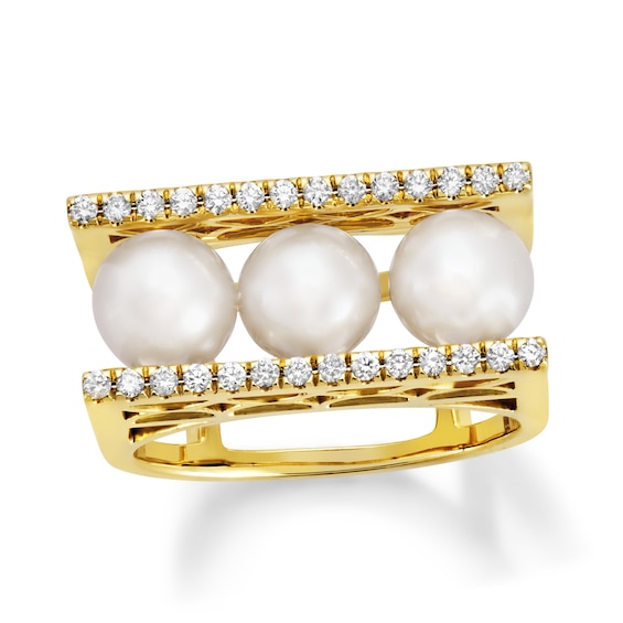 Freshwater Cultured Pearl and 1/5 CT. T.w. Diamond Edge Three Stone Open Shank Ring in 10K Gold