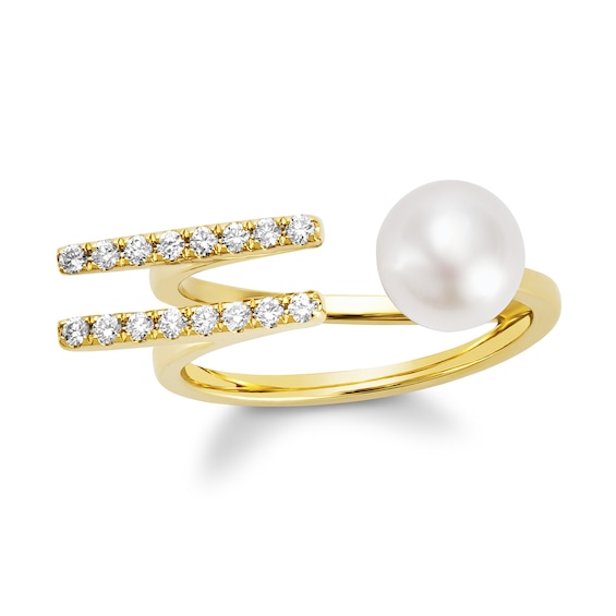 Freshwater Cultured Pearl and 1/5 CT. T.w. Diamond Double Row Open Shank Ring in 10K Gold