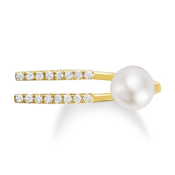 Freshwater Cultured Pearl and 1/5 CT. T.w. Diamond Double Row Open Shank Ring in 10K Gold