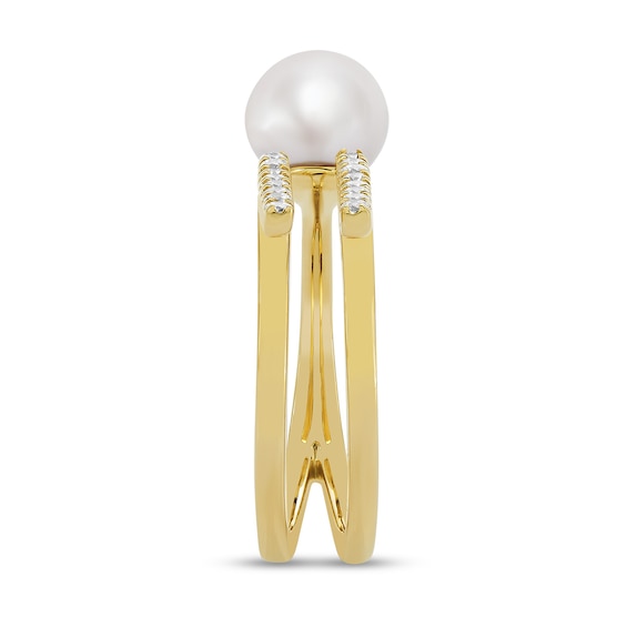 Freshwater Cultured Pearl and 1/5 CT. T.w. Diamond Double Row Open Shank Ring in 10K Gold