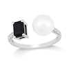 Thumbnail Image 0 of Freshwater Cultured Pearl, Emerald-Cut Onyx and 1/8 CT. T.W. Diamond Open Shank Ring in 10K White Gold