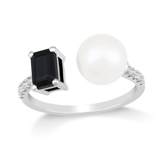 Freshwater Cultured Pearl, Emerald-Cut Onyx and 1/8 CT. T.w. Diamond Open Shank Ring in 10K White Gold