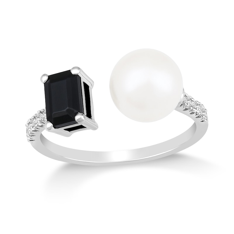 Freshwater Cultured Pearl, Emerald-Cut Onyx and 1/8 CT. T.W. Diamond Open Shank Ring in 10K White Gold