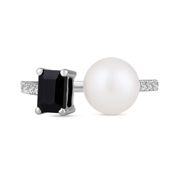 Freshwater Cultured Pearl, Emerald-Cut Onyx and 1/8 CT. T.w. Diamond Open Shank Ring in 10K White Gold