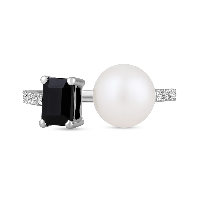 Freshwater Cultured Pearl, Emerald-Cut Onyx and 1/8 CT. T.W. Diamond Open Shank Ring in 10K White Gold