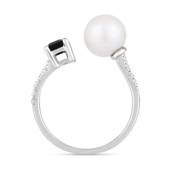 Freshwater Cultured Pearl, Emerald-Cut Onyx and 1/8 CT. T.w. Diamond Open Shank Ring in 10K White Gold