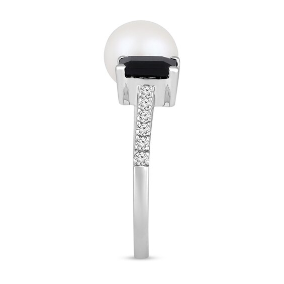 Freshwater Cultured Pearl, Emerald-Cut Onyx and 1/8 CT. T.w. Diamond Open Shank Ring in 10K White Gold