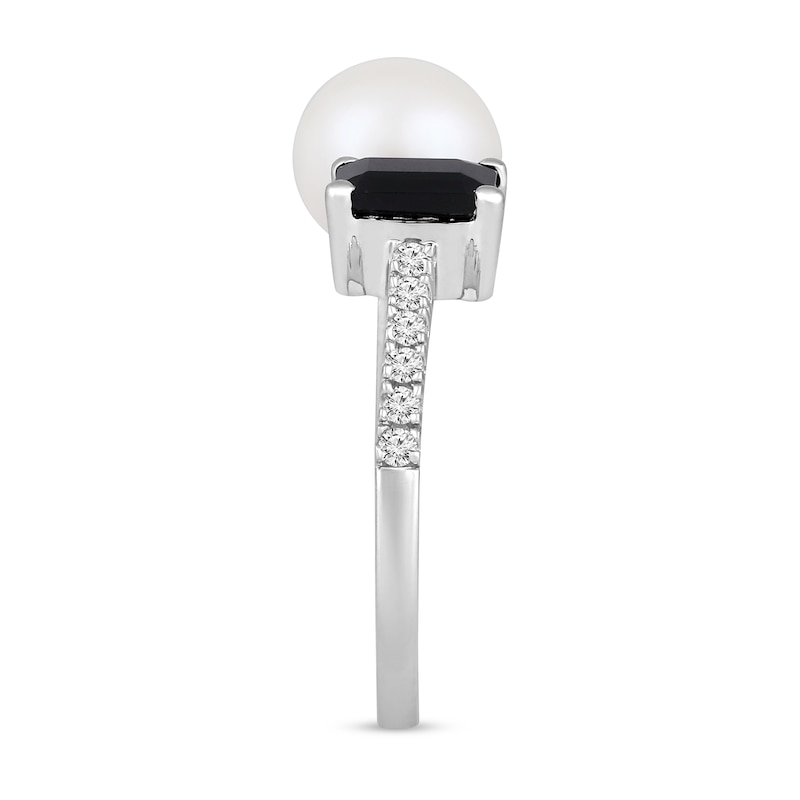 Freshwater Cultured Pearl, Emerald-Cut Onyx and 1/8 CT. T.W. Diamond Open Shank Ring in 10K White Gold