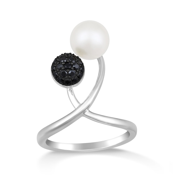 Freshwater Cultured Pearl and 1/4 CT. T.w. Black Diamond Criss-Cross Bypass Ring in 10K White Gold